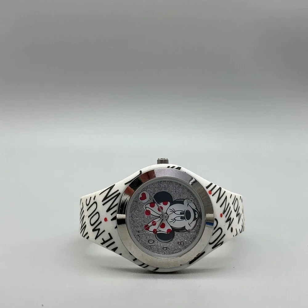 Disney Girls Watch 31mm Silver Tone Minnie Mouse Silicone MN1680BKL New Battery